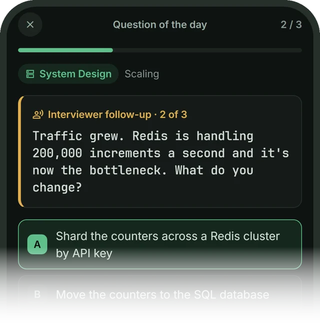 An interviewer follow-up about scaling Redis counters, in dark mode